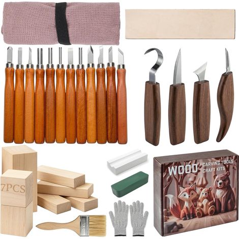 31 Pcs Kit de sculpture sur bois avec ciseaux à bois pour DIY, menuiserie outillage avec 16 couteau pour debutant, outil sculpture citrouille pour adulte avec 7 blocs de tilleul (1/5)