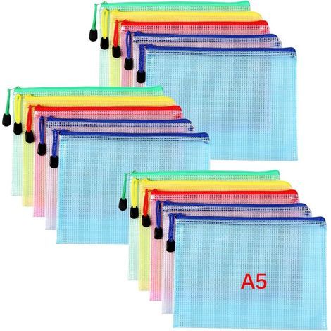 A5 Plastic Pouch, 15PCS Zipper Pouch, PVC Mesh Zipper Pouch Document Wallet, Store Papers Small Items Supplies, Cosmetics and Travel Accessories etc 5 Colors (1/4)