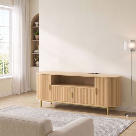 Meuble TV 140 cm avec 2 Prises et 2 Ports, Meuble Télé pour 84 Pouces, 2 Portes Battantes, 2 Portes Coulissantes, Chêne (1/5)