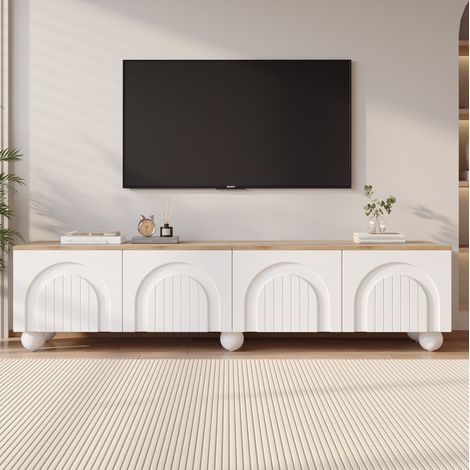 Mobile TV in MDF bianco e rovere 180 x 40 x 45 cm con 4 ante, 6 gambe in metallo e ampio spazio contenitivo (1/5)