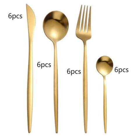 set couverts de table 6 personnes dorés, ensemble de couverts inox 24 pièces, Comprend des couteaux/fourchettes/cuillères, fini mat et lavable au lave