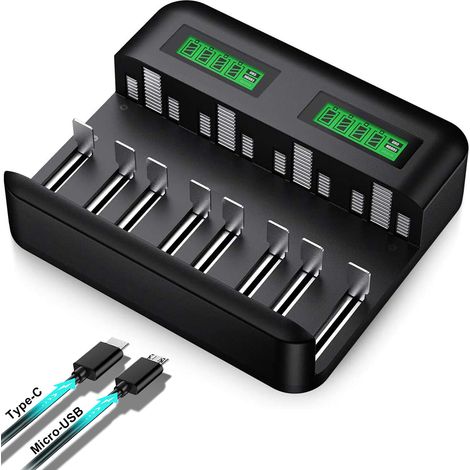 Chargeur universel LCD pour piles rechargeables AA/AAA/C/D - Chargeur rapide pour piles AA/AAA à 8 emplacements avec port USB 2A et entrée de type C (1/5)