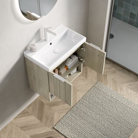 Wand-Waschtischunterschrank 55x32x53 cm mit Keramikbecken, platzsparend für kleines Bad (1/5)