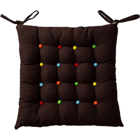 Stuhlkissen aus Baumwollleinen, quadratisch, mit Schleifen, bunten Pompons, rutschfestes Sitzkissen für Ess- und Küchenstühle (braun, 1 Stück) (1/5)