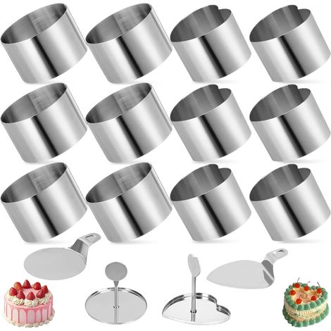 12 x Round Circle Pastry Rings with 2 Lids and 2 Bases, Stainless Steel Dessert Rings, Round Cookie Cutters Diameter 3 cm, Circles Presentation, Tartlet Moulds for Mousses, Cakes, Desserts, Biscuits (1/5)