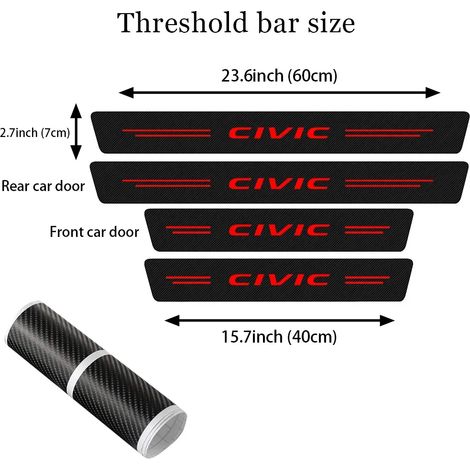 (4 pièces rouges) Protections de seuil de porte,de coffre et de pare-chocs de voiture,autocollants anti-rayures pour Honda Civic Logo 2023,bandes de seuil de pédale de porte en fibre de carbone (1/3)