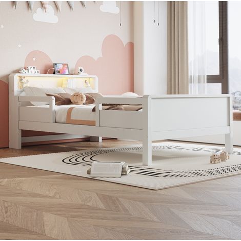 CHICFURN Letto singolo per bambini 90x200 cm in pino bianco con LED USB-C e vano (1/5)