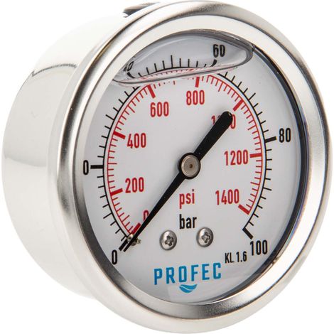 Profec Manometer 0 - 100 bar, Glyzeringefüllt, Ø 63 mm, 1/4 Zoll Anschluss nach hinten Axial, Überdruck-Manometer