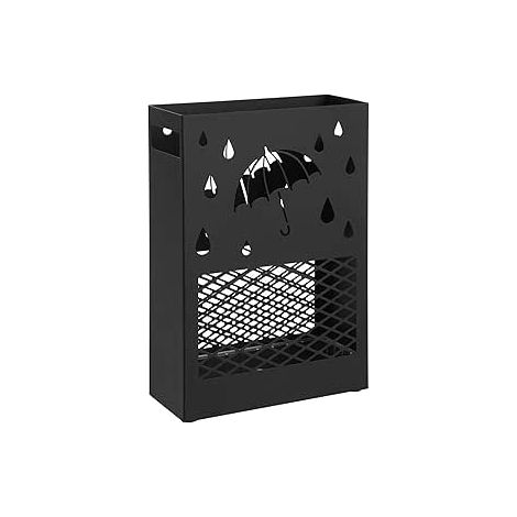 Porte parapluie en métal, support rectangulaire avec bac à eau amovible, 4 crochets, motif évidé, pour xuanguan, bureau, noir (1/5)