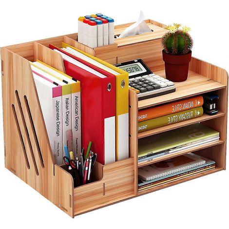 Organiseur de bureau en bois avec 3 plateaux - Assemblage requis - Grand organiseur de bureau pour dossiers et fournitures de bureau (1/5)