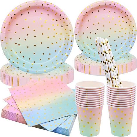 120 pièces Vaisselle Jetable, Biodégradable, Arc-en-ciel, Multicolore, Festif, pour Anniversaires et Mariages