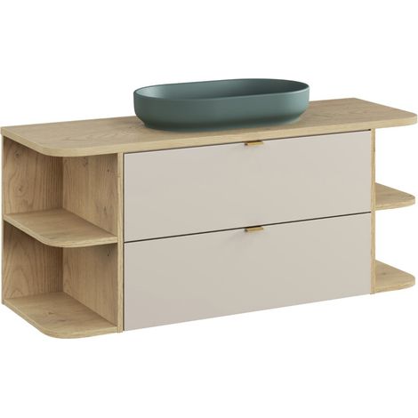 Ensemble meuble salle de bain suspendu DALIA 120cm Cachemire 120cm avec vasque verte mate RIVER 2, 2 étagères ouvertes et plan en chêne naturel (1/5)