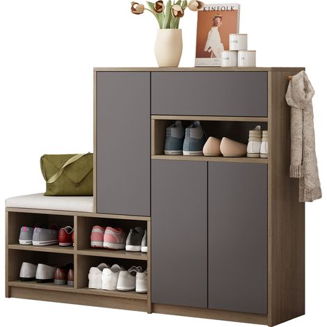 CHICFURN Panca portascarpe 140x35x110 cm, truciolato grigio, seduta imbottita e ripiani regolabili (1/5)