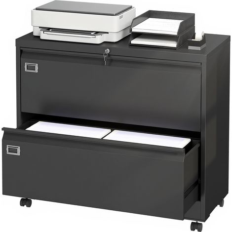 Caisson mobile verrouillable 2 tiroirs classeur dossiers suspendus réglable noir 90 x 40 x 77,4 cm