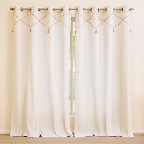 Lot de 2 Rideaux à Œillets Lacia - 140 x 240 cm - Polycoton Uni avec Détails en Jute et Pompons (1/4)