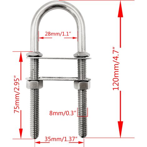 Stainless steel U-bolts M8 M10 M12 with double clasp heads, washers, saddle rings, anti-slip rings, marine rigging nuts - M8120MM - Marine bolts (1/4)
