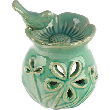Brûleur a huile en céramique avec oiseau vert et fleur