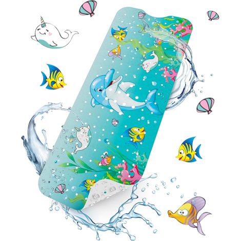 Tappetino da bagno antiscivolo, extra lungo 100x40 cm per neonati, tappetino da doccia con ventose e fori di drenaggio, lavabile in lavatrice, delfino