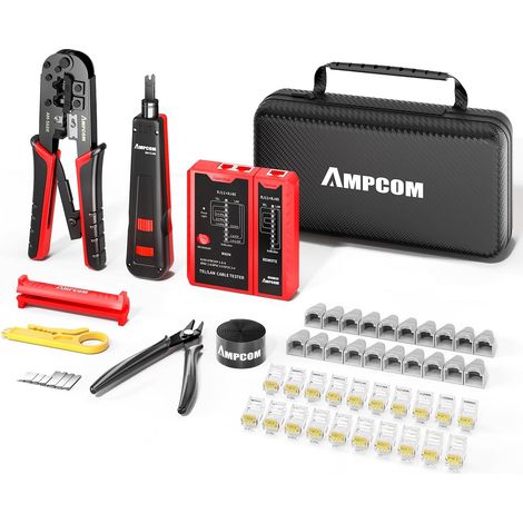 10 in 1 RJ45/RJ11 Ethernet Crimping Pliers Kit Network Tool Kit with RJ45 Tester for RJ45 Cat6/Cat5e/Cat5 Connectors,Includes 110pcs Cutting Tools and Wire Stripper, Waterproof Bag (1/5)
