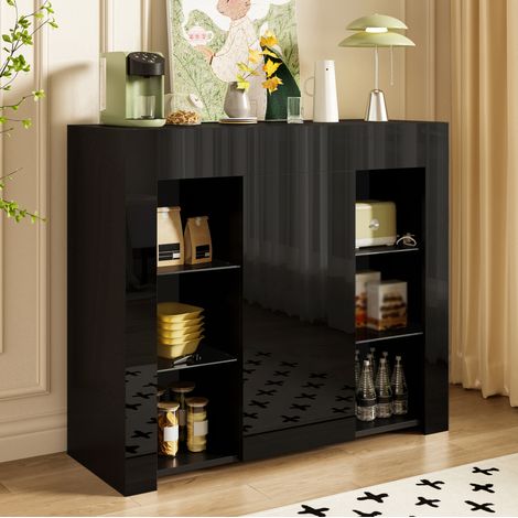 Credenza nera 95 x 35 x 83 cm con ripiani in vetro e porta, finitura lucida DESVIAE (1/5)