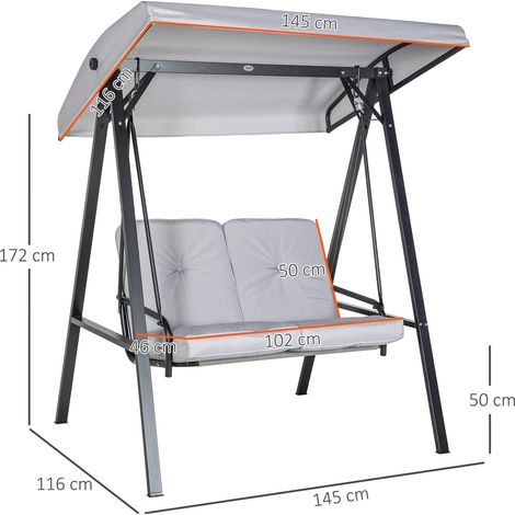 Balançoire Hollywood 2 places, Balançoire de jardin avec auvent réglable, coussins, Banc à bascule portée jusqu'à 220 kg, Pour jardin, balcon, Gris, 145 x 116 x 172 cm (1/5)
