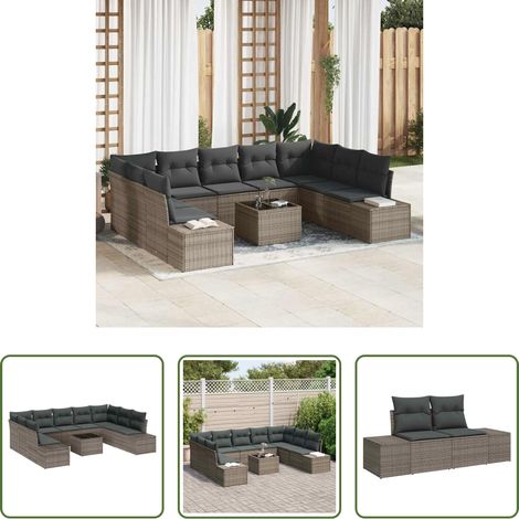 Terrassensofa - Gartensofa-set mit Kissen 10 pcs Grau Poly-Rattan (1/5)