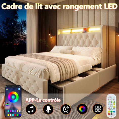Lit capitonné 140x190 cm avec éclairage LED et prise USB, tête de lit avec étagères et espace de rangement, lit double plat avec 4 tiroirs, velours (1/5)