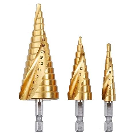 3PCS Foret Fraise Meche Etage, HSS Inox Metal, 4-12/20/32mm, Triangle Conique Titane, avec Tige Hexagone, Pour Visseuse Percage sur Acier, Laiton, Bois, Plastique (1/5)