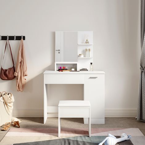 ELEGANT Furniture Dressing Table with Drawer Mirror Makeup Dresser Set with Stool White Drawer Vanity Set (1/5)