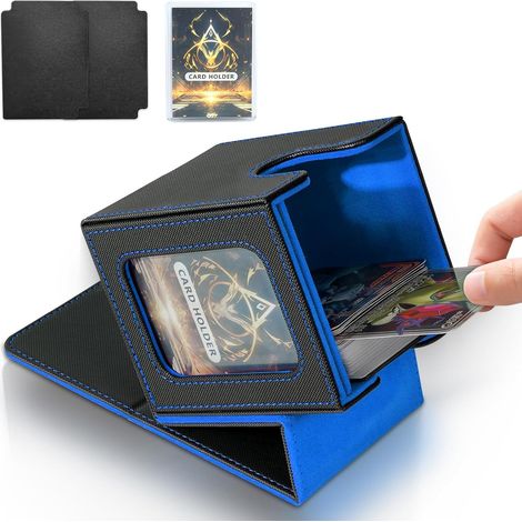 Boîte de jeu de cartes pour MTG Commander, boîte à cartes TCG, boîte de rangement magnétique en cuir PU pour cartes à collectionner, peut contenir 100 cartes à double pochette, noir et bleu (1/5)