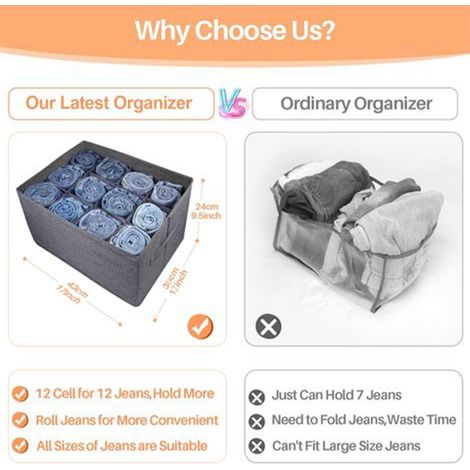 (1 pièce) Organisateur de placard gris - ranger vêtements 12 compartiments pour jeans - pantalons - pulls - serviettes - t-shirts - rangement armoire - organisateur de dressing (1/4)