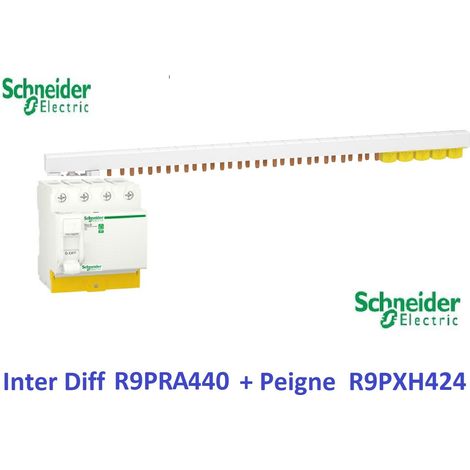 Interrupteur différentiel Resi9 4P 40A 30ma - A + Peigne 3P+N-24 M - Schneider R9PRA440 + R9PXH424