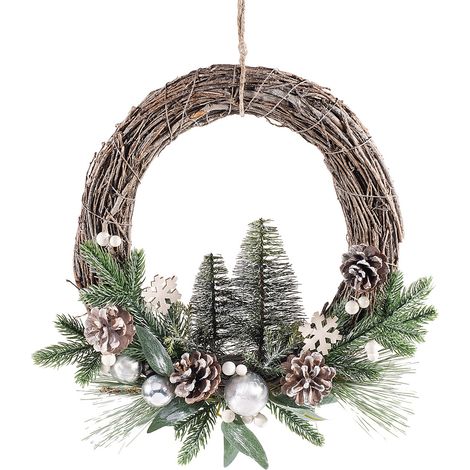 Ghirlande natalizie con base in rami intrecciati, decorate con alberelli innevati, rami di abete, pigne, bacche bianche, Ø 30 cm