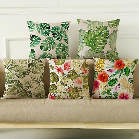 Ensemble de 6 housses de coussin décoratives en lin, motif fleurs et plantes, 45 x 45 cm, pour canapé, salon, chambre, fauteuil et décoration intérieure. (1/5)