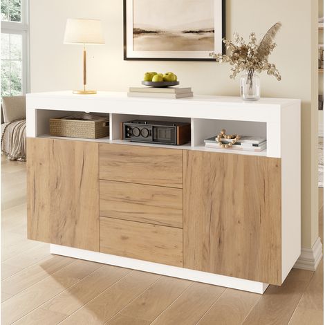 MEUBLIV Meuble TV 140 x 40 x 85 cm blanc et bois naturel – 3 tiroirs, 2 portes (1/5)