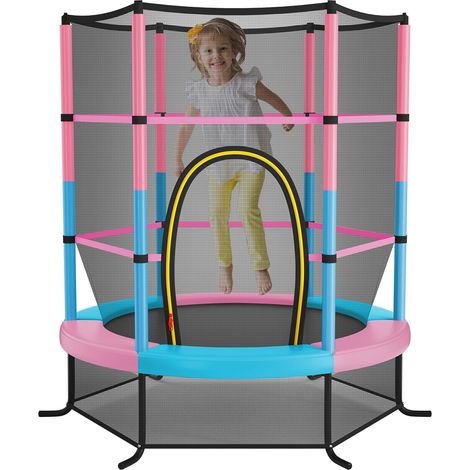 Trampoline Extérieur Enfants Ø165 CM avec Filet de Sécurité, Trampoline Enfants avec Cadre en Acier & 6 Poteaux Recouvert de Mousse (Macaron) (1/5)