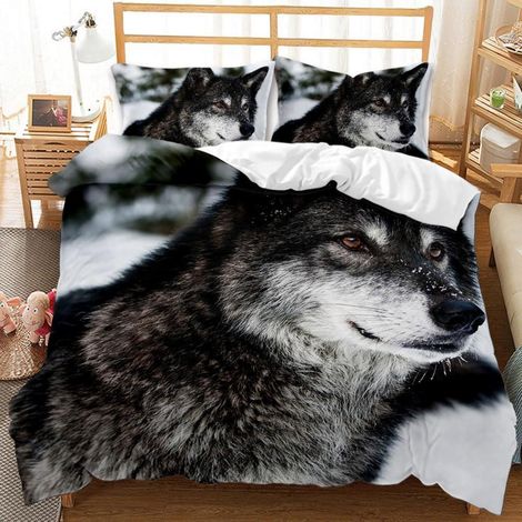 3D Bettwäsche Set 200x220cm mit 2 Kissenbezügen 80x80cm, Schneewolf-Muster, Mikrofaser
