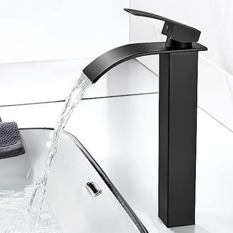 CCYKXA Waterfall Bathroom Faucet, Modern Black Basin Faucet, Basin Mixer Tap with Spout Height 237mm, Square Brass Faucet Hot and Cold Water Available G 3/8