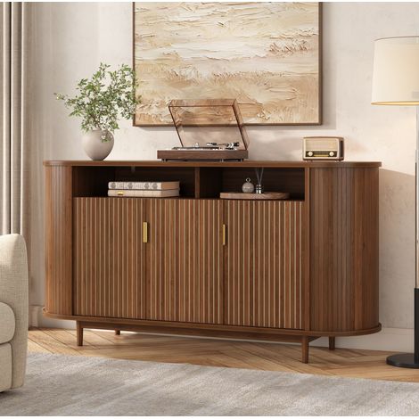 Credenza 140x40x78 cm, 3 ante, ampia capacità contenitiva, struttura frontale a linee verticali, MDF e PB, noce (1/5)