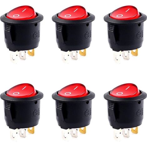 Runder Wippschalter – 6 Stück – PA66-Kunststoff und Messing – Integrierte rote LED EIN/AUS – Fahrzeuge und Haushaltsgeräte – 23 x 23 x 28 mm (1/5)