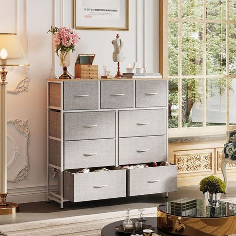 Commode Tiroirs, Tour Rangement Tissu pour Chambre, Couloir, Entrée, Placard, Unité Haute Bacs Tissu, Cadre Acier, Plateau Bois (Gris Clair, 9 Tiroirs) (1/5)