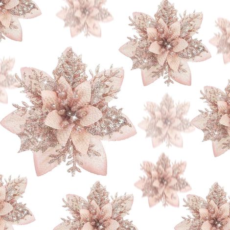 24 poinsettias artificiels pailletés 15/10/8 cm or rose pour décoration sapin fleurs mariage (1/3)