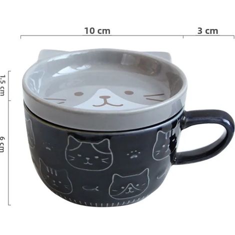 (Gris) Mug à café créatif japonais en forme de chat de dessin animé, avec couvercle, livré avec un couvercle en céramique écologique. (1/5)