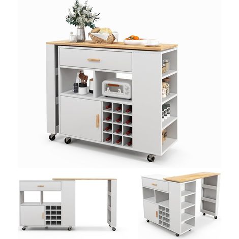 Costway – Desserte de cuisine sur roulettes – Plans de travail en bois d'hévéa – Étagère réglable – Casier à vin pour 12 bouteilles – 120x40x100 cm – Blanc (1/5)