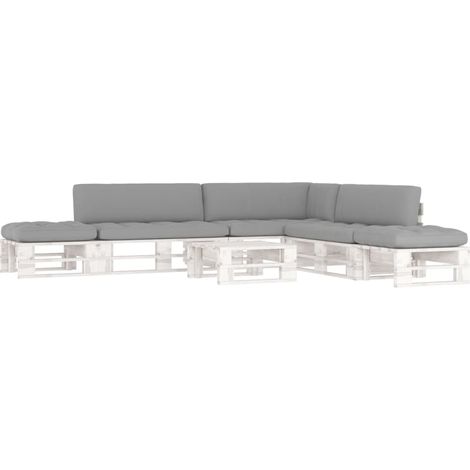 Salon de jardin palette 6 pcs et coussins Pin imprégné de blanc 2