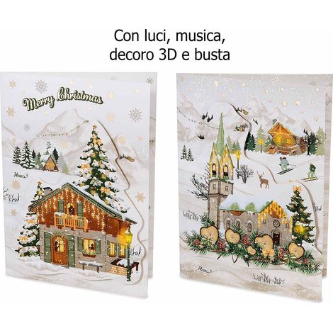 Biglietti di auguri di Natale con luce, musica natalizia, decori in 3D e busta, fantasia paesaggio innevato, set da 24 pezzi, cm 14,5 x 20 H