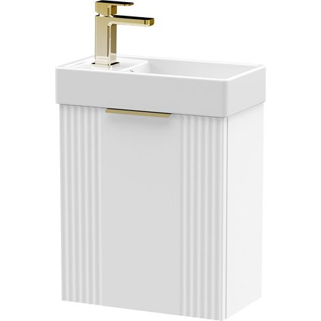 White 400mm Wall Hung Cloakroom Vanity Basin Unit with Brushed Brass Handle Compact Bathroom Storage (1/4)