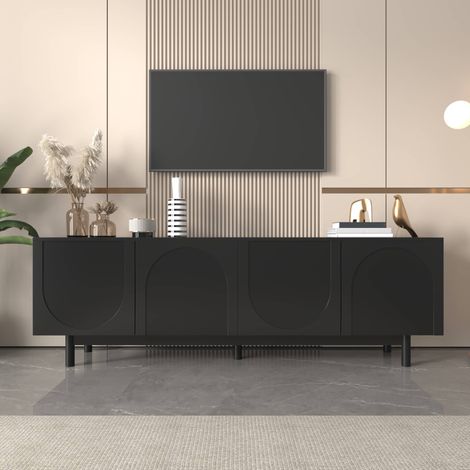 Meuble TV 175 x 38 x 56 cm, banc TV 4 portes push-to-open avec étagères réglables, MDF et bois massif, pour salon, noir (1/5)