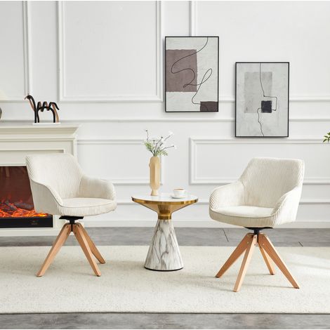 Lot de 2 chaises pivotantes 84 cm en velours écru avec pieds en bois massif, style rétro (1/5)