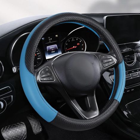 Housse de volant universelle en cuir PU antidérapant et respirant, modèle sport, 37-38 cm, accessoire de voiture unisexe. Bleu (1/5)